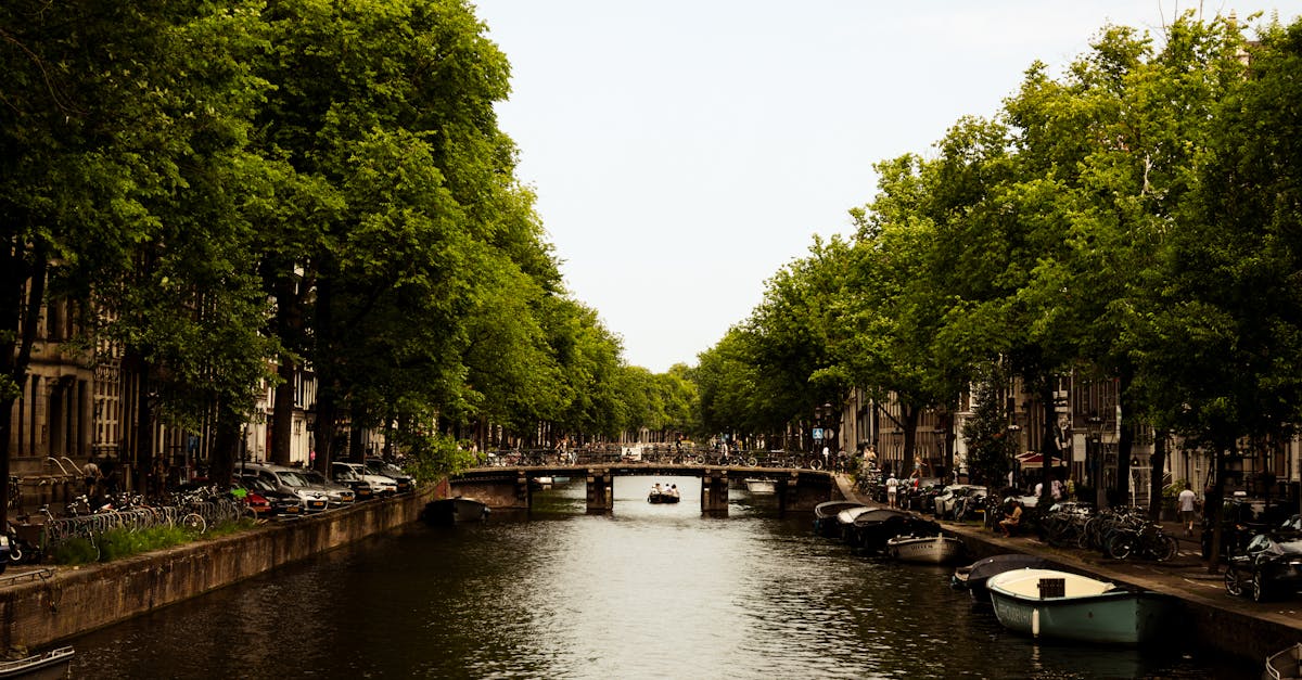 Amsterdam canal with boats and historic buildings